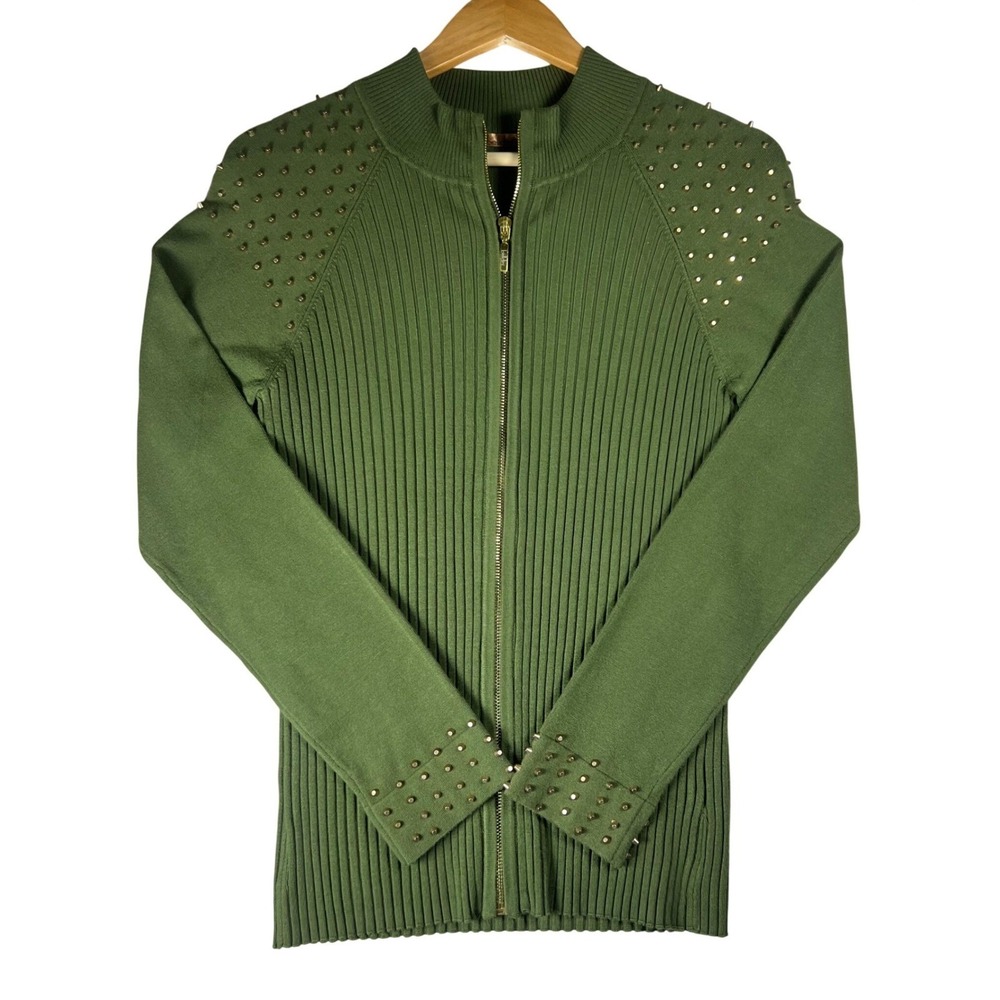 Belldini Womens Olive Green Ribbed Studded Full Zip Mock Neck Cardigan XL